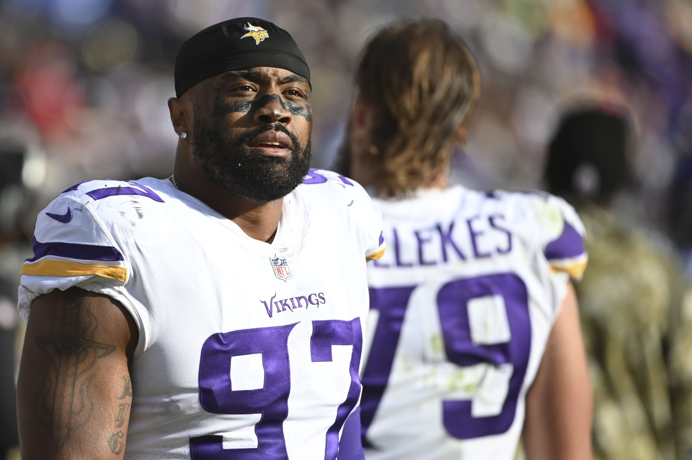 Nov 7, 2021; Baltimore, Maryland, USA;  Minnesota Vikings defensive end Everson Griffen (97) stands on the sidelines during the first half against the Baltimore Ravens  at M&T Bank Stadium. Mandatory Credit: Tommy Gilligan-USA TODAY Sports