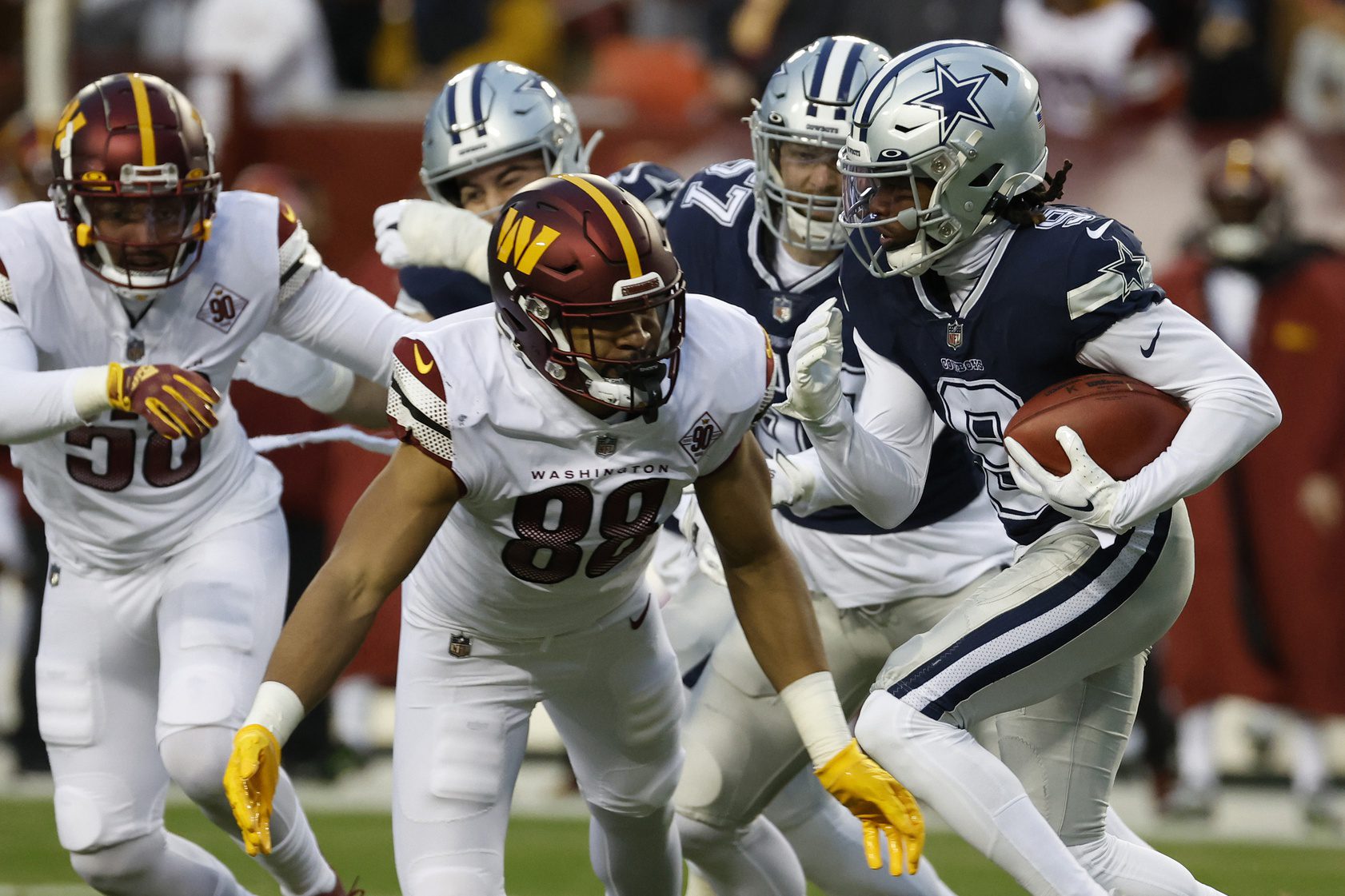Dallas Cowboys wide receiver KaVontae Turpin (9) runs with the ball against the Washington Commanders