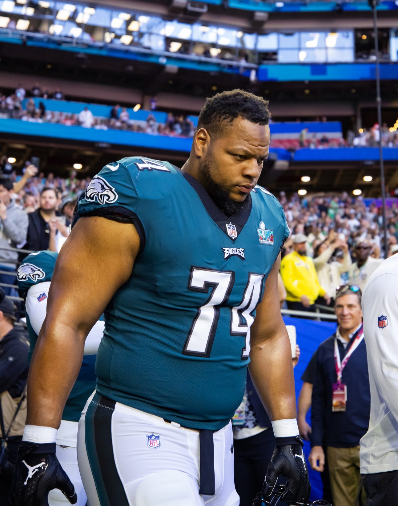 Feb 12, 2023; Glendale, Arizona, US; Philadelphia Eagles defensive tackle Ndamukong Suh (74) against the Kansas City Chiefs during Super Bowl LVII at State Farm Stadium. Mandatory Credit: Mark J. Rebilas-Imagn Images