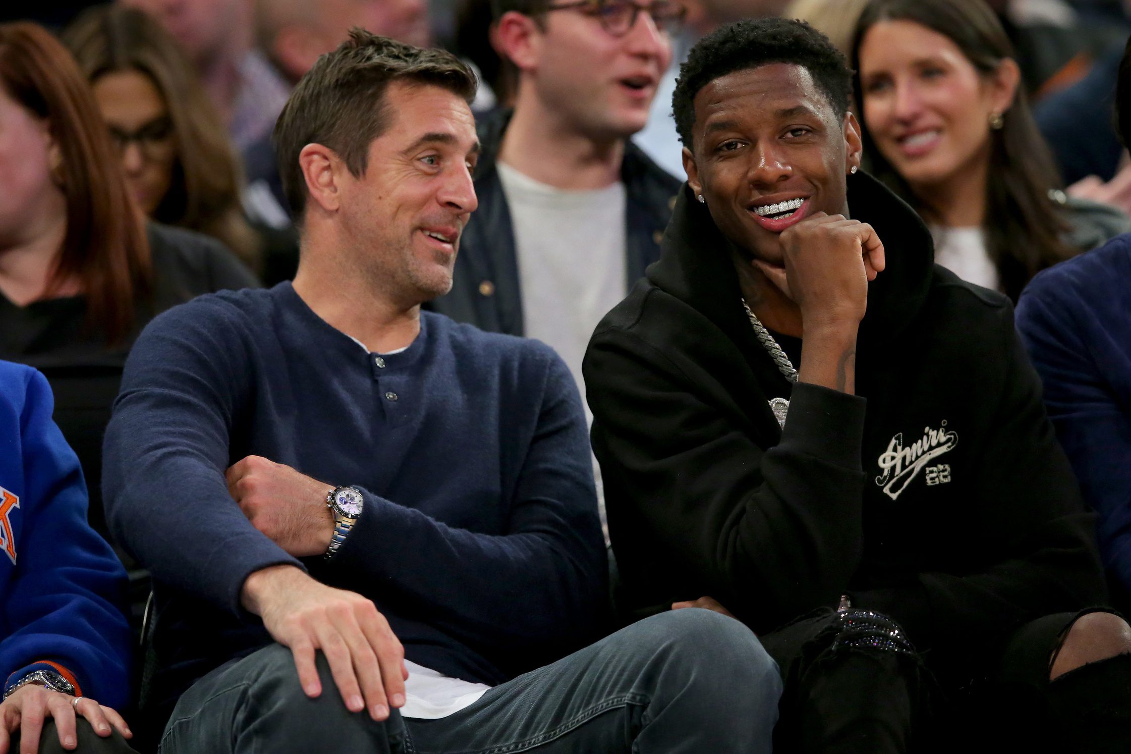 "Eff Them Kids" Aaron Rodgers Nearly Hits Child With Golf Club, Shows No Remorse (Watch) 4 May 2, 2023; New York, New York, USA; New York Jets quarterback Aaron Rodgers (left) and cornerback Sauce Gardner sit court side during the second quarter of game two of the 2023 NBA Eastern Conference semifinal playoffs between the New York Knicks and the Miami Heat at Madison Square Garden. Mandatory Credit: Brad Penner-USA TODAY Sports
