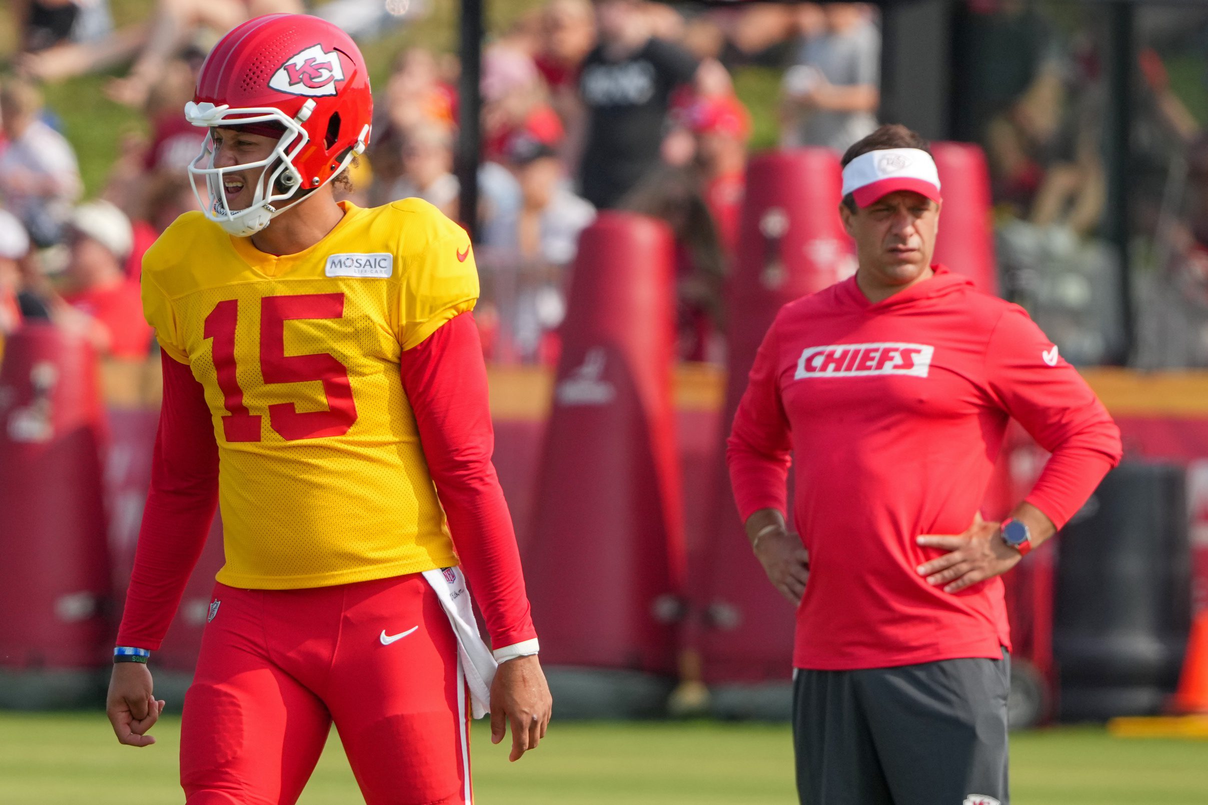Breaking: Chiefs Make Massive Change To General Manager Just Days Before Training Camp (Report) 1 Jul 26, 2024; Kansas City, MO, USA; Kansas City Chiefs quarterback Patrick Mahomes (15) steps to the line as general manager Brett Veach watches in the background during training camp at Missouri Western State University. Mandatory Credit: Denny Medley-Imagn Images
