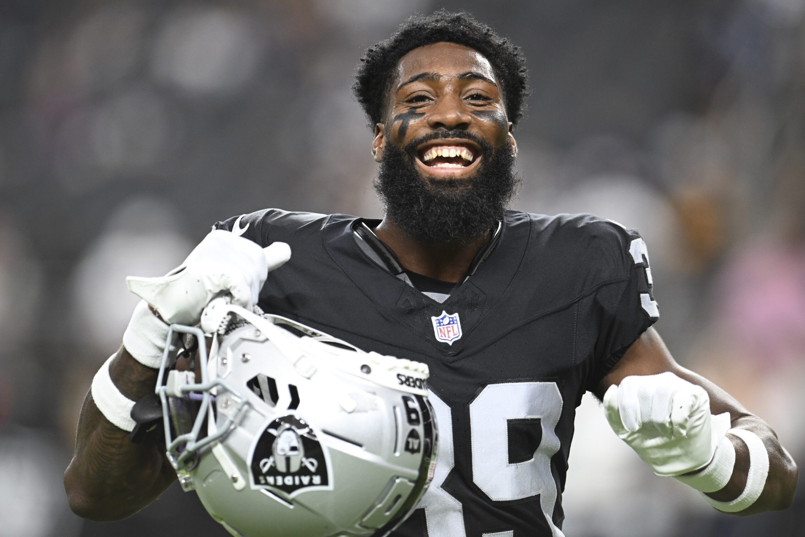 Aug 17, 2024; Paradise, Nevada, USA;  Las Vegas Raiders cornerback Nate Hobbs (39) dances during warmup against the Dallas Cowboys at Allegiant Stadium. Mandatory Credit: Candice Ward-USA TODAY Sports