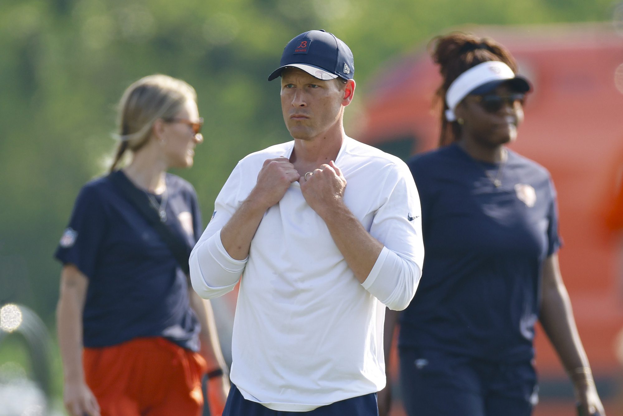 Jul 23, 2025; Lake Forest, IL, USA; Chicago Bears head coach Ben Johnson looks on during training camp at Halas Hall. Mandatory Credit: Kamil Krzaczynski-Imagn Images
