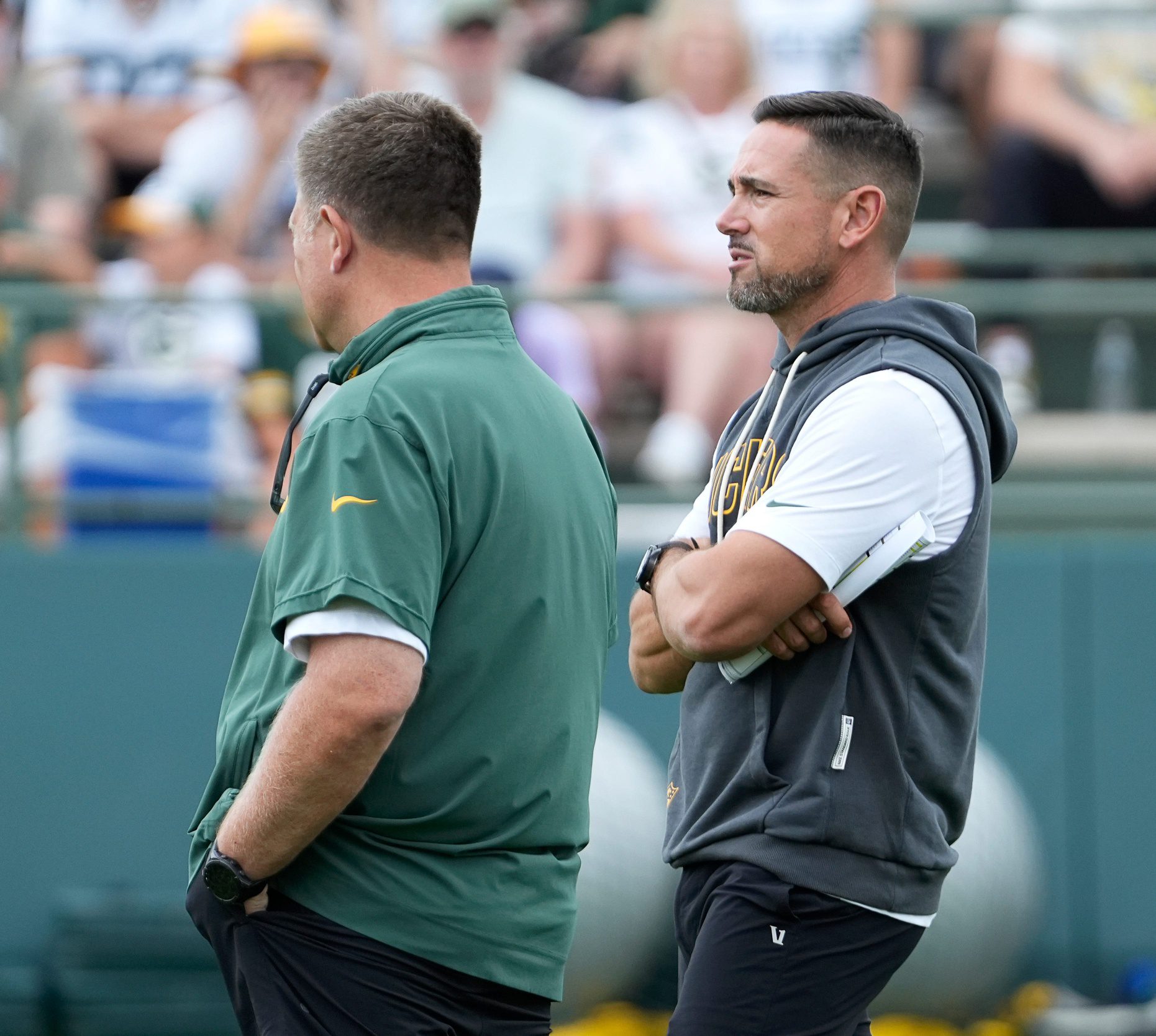 (Right) Green Bay Packers head coach Matt LaFleur is seen during the second day of training camp on Thursday, July 24, 2025, at Ray Nitschke Field in Ashwaubenon, Wis. © Jovanny Hernandez / Milwaukee Journal Sentinel / USA TODAY NETWORK via Imagn Images