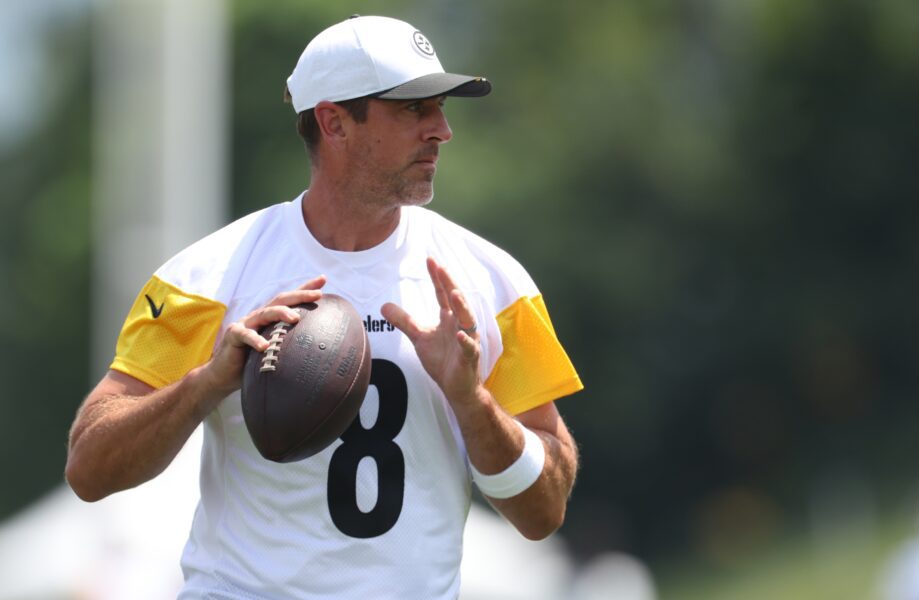 Jul 24, 2025; Latrobe, PA, USA; Pittsburgh Steelers quarterback Aaron Rodgers (8) participates in drills during training camp at Saint Vincent College. Mandatory Credit: Charles LeClaire-Imagn Images