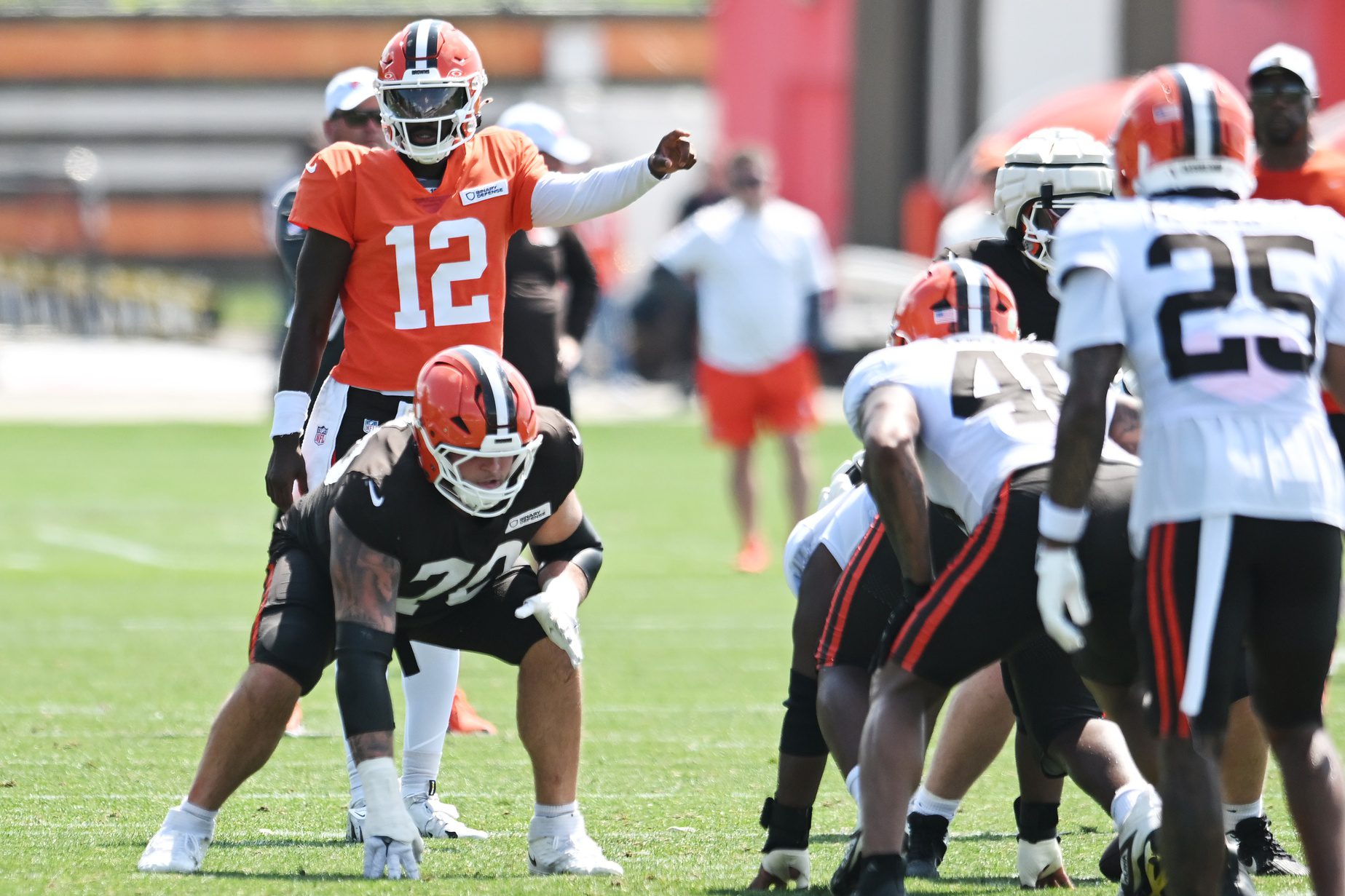 Jul 28, 2025; Berea, OH, USA; Cleveland Browns quarterback Shedeur Sanders (12) runs the offense during training camp at CrossCountry Mortgage Campus. Mandatory Credit: Ken Blaze-Imagn Images