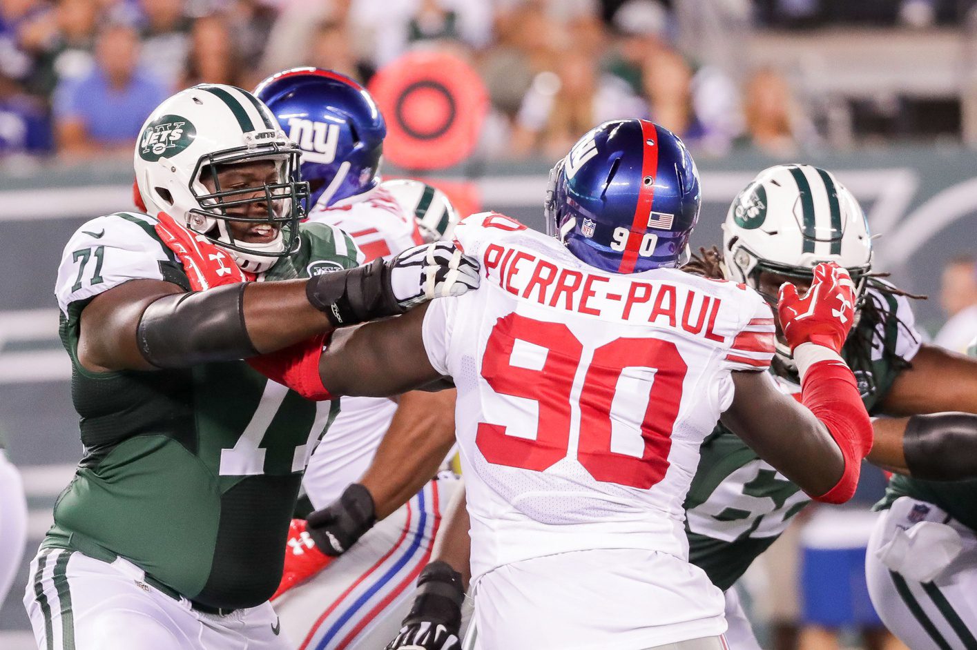 NFL Legend Announce Decision To Play In 2025 On July 4th (Breaking) 3 Aug 27, 2016; East Rutherford, NJ, USA; New York Jets tackle Ben Ijalana (71) blocks New York Giants defensive end Jason Pierre-Paul (90) during the preseason game at MetLife Stadium. The Giants won, 21-20. Mandatory Credit: Vincent Carchietta-Imagn Images