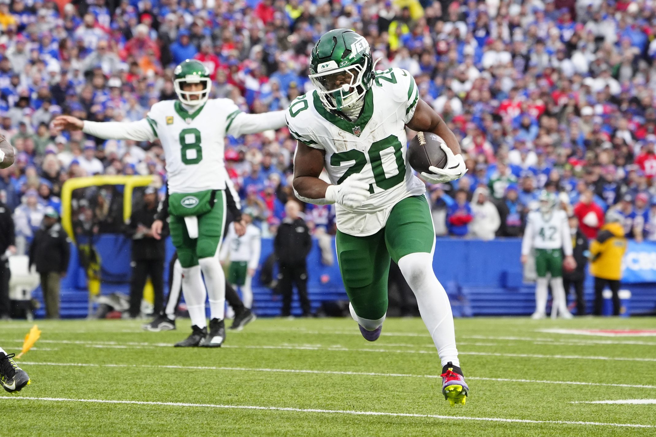 "Can Somebody Get Me A CFB Code": Breece Hall Makes A Public Demand Ahead Of College Football 26 Launch 2 Dec 29, 2024; Orchard Park, New York, USA; New York Jets running back Breece Hall (20) runs with the ball against the Buffalo Bills during the first half at Highmark Stadium. Mandatory Credit: Gregory Fisher-Imagn Images