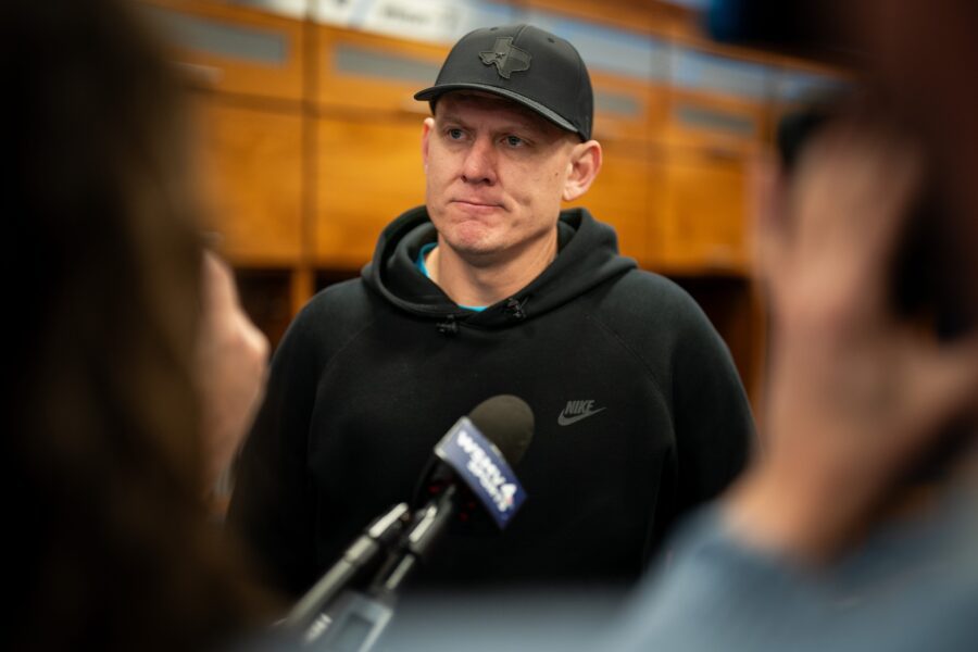 Tennessee Titans place kicker Nick Folk gives an interview as the team cleans out their locker room at Ascension Saint Thomas Sports Park in Nashville, Tenn., Monday, Jan. 6, 2025.