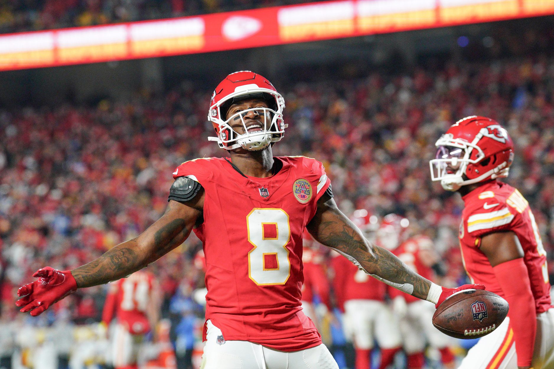 "Doing What I Love": DeAndre Hopkins Goes Viral With Emotional Camp Video And Bold Statement 2 Dec 8, 2024; Kansas City, Missouri, USA; Kansas City Chiefs wide receiver DeAndre Hopkins (8) celebrates after scoring against the Los Angeles Chargers during the first half at GEHA Field at Arrowhead Stadium. Mandatory Credit: Denny Medley-Imagn Images