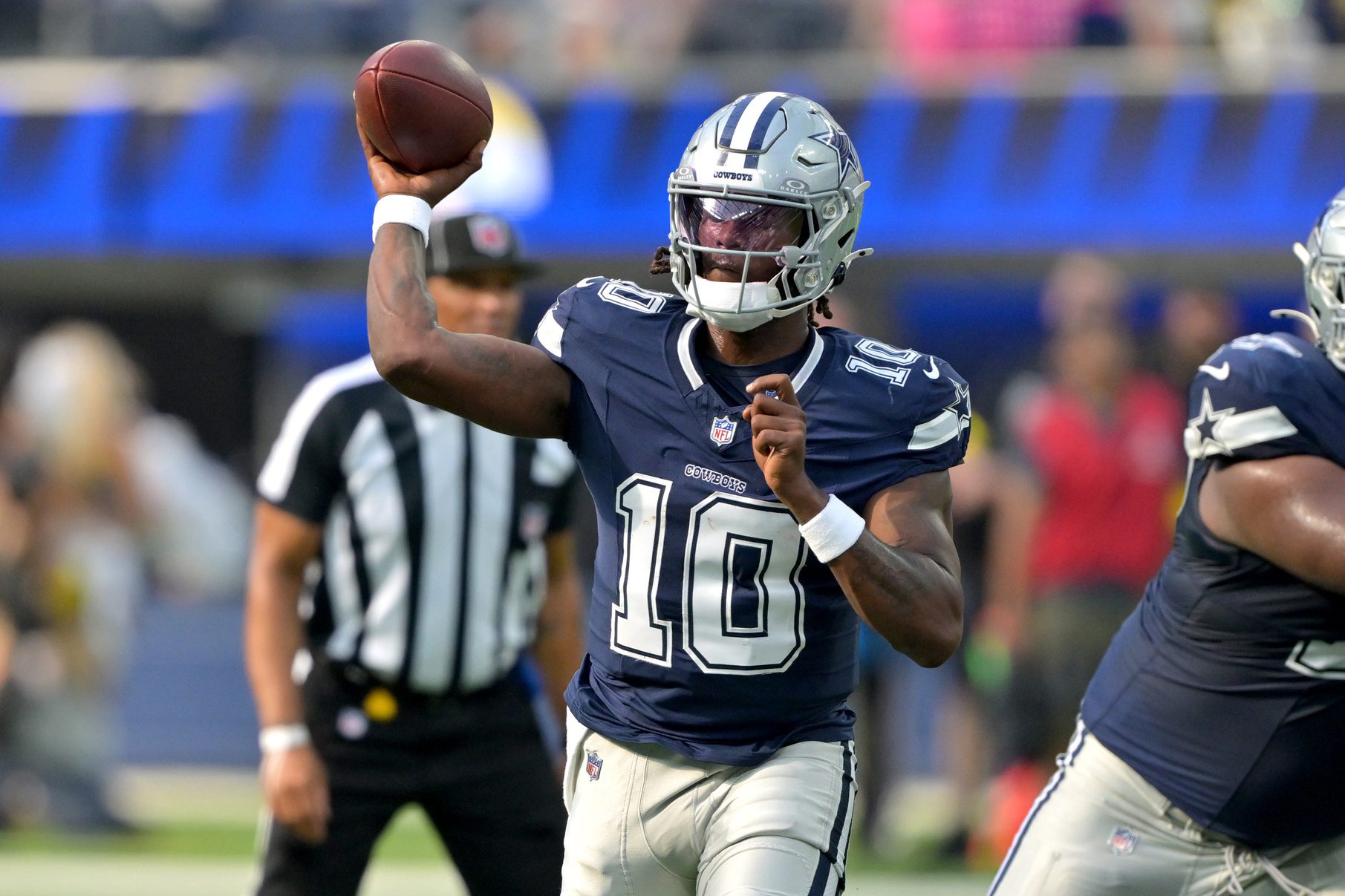 Aug 9, 2025; Inglewood, California, USA; Dallas Cowboys quarterback Joe Milton III (10) throws a pass during the first half against the Los Angeles Rams at SoFi Stadium. Mandatory Credit: Jayne Kamin-Oncea-Imagn Images