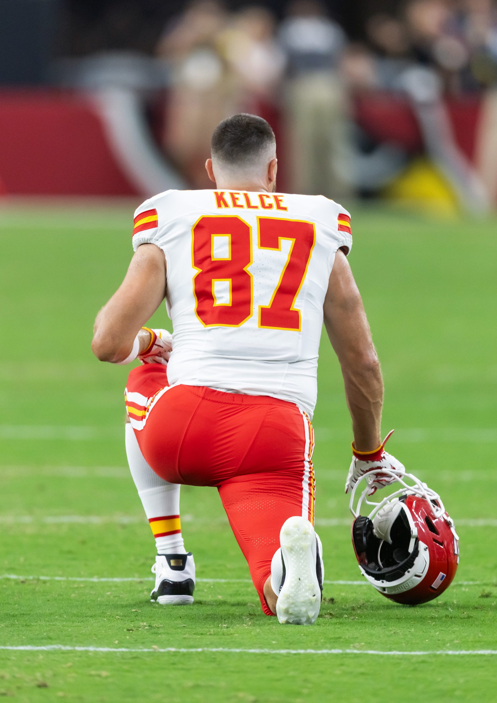 Aug 9, 2025; Glendale, Arizona, USA; Detailed view of the jersey of Kansas City Chiefs tight end Travis Kelce (87) against the Arizona Cardinals during a preseason NFL game at State Farm Stadium. Mandatory Credit: Mark J. Rebilas-Imagn Images