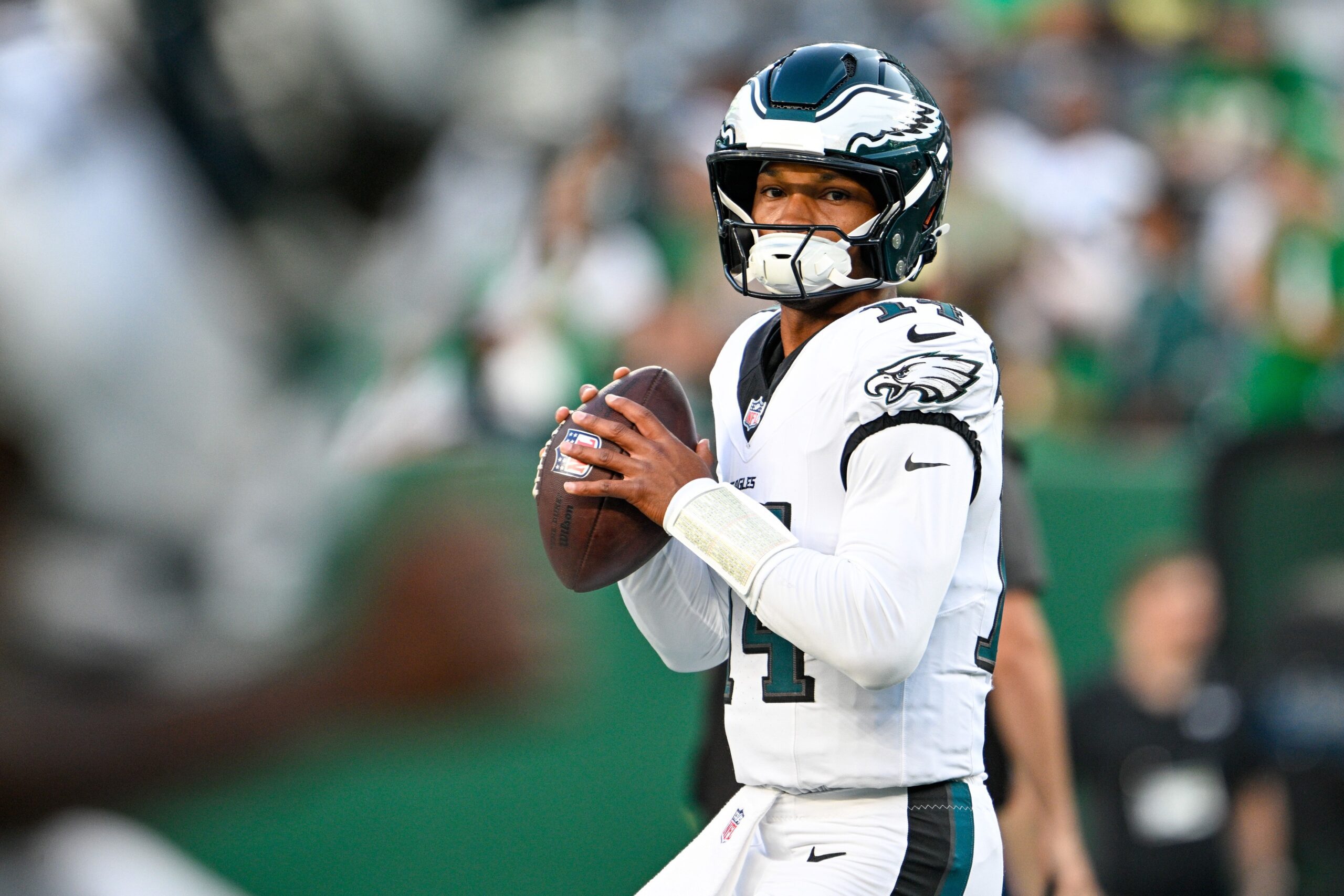 Aug 22, 2025; East Rutherford, New Jersey, USA; Philadelphia Eagles quarterback Dorian Thompson-Robinson (14) warms up before the game against the New York Jets at MetLife Stadium. Mandatory Credit: Mark Smith-Imagn Images