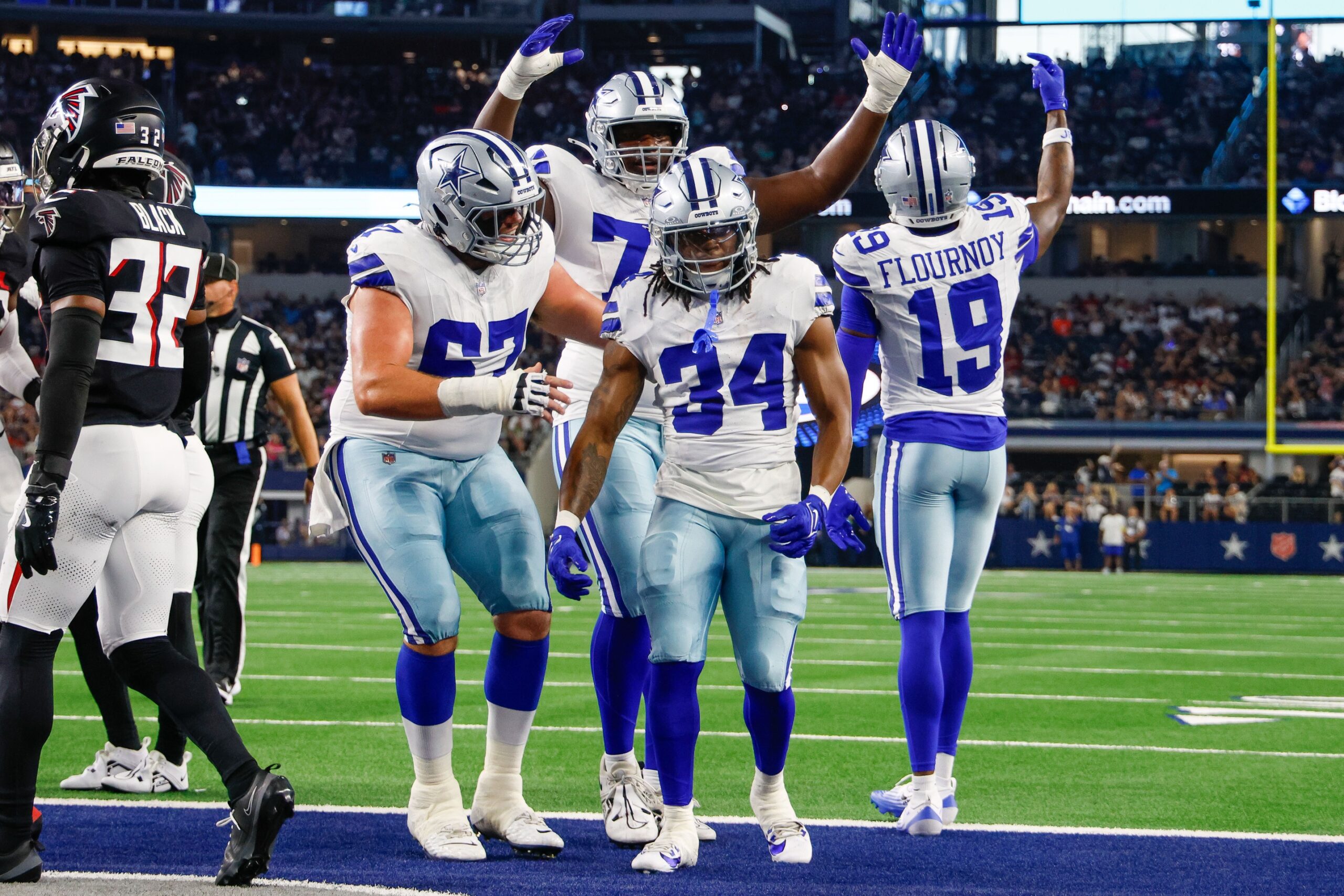"He's Not Coming Back" Cowboys Lose Star To Devastating Injury In Final Pre-Season Game 2 Aug 22, 2025; Arlington, Texas, USA; Teammates celebrate with Dallas Cowboys running back Jaydon Blue (34) after he scores a touchdown against the Atlanta Falcons during the first quarter at AT&T Stadium. Mandatory Credit: Andrew Dieb-Imagn Images
