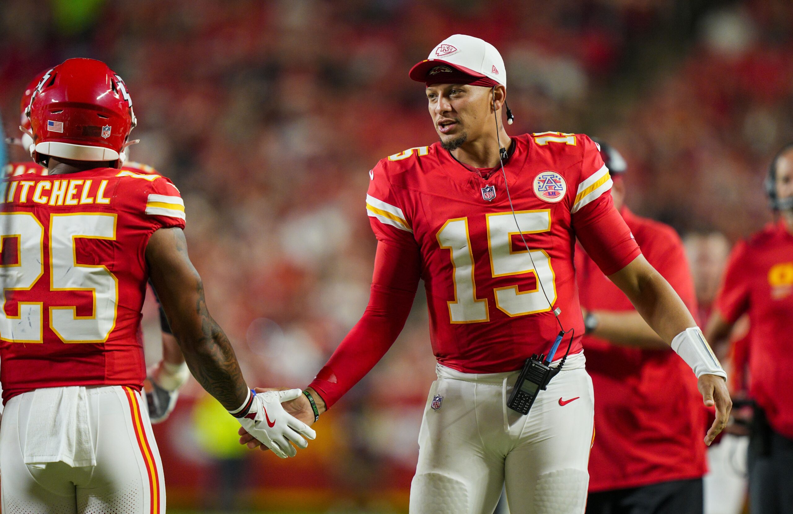 "The Focus Is More On Them": Patrick Mahomes Greatness Allegedly Dimmed By Brittany, Says Skip Bayless’ Wife Ernestine 2 Aug 22, 2025; Kansas City, Missouri, USA; Kansas City Chiefs quarterback Patrick Mahomes (15) congratulates Kansas City Chiefs running back Elijah Mitchell (25) after scoring a touchdown against the Chicago Bears at GEHA Field at Arrowhead Stadium. Mandatory Credit: Jay Biggerstaff-Imagn Images
