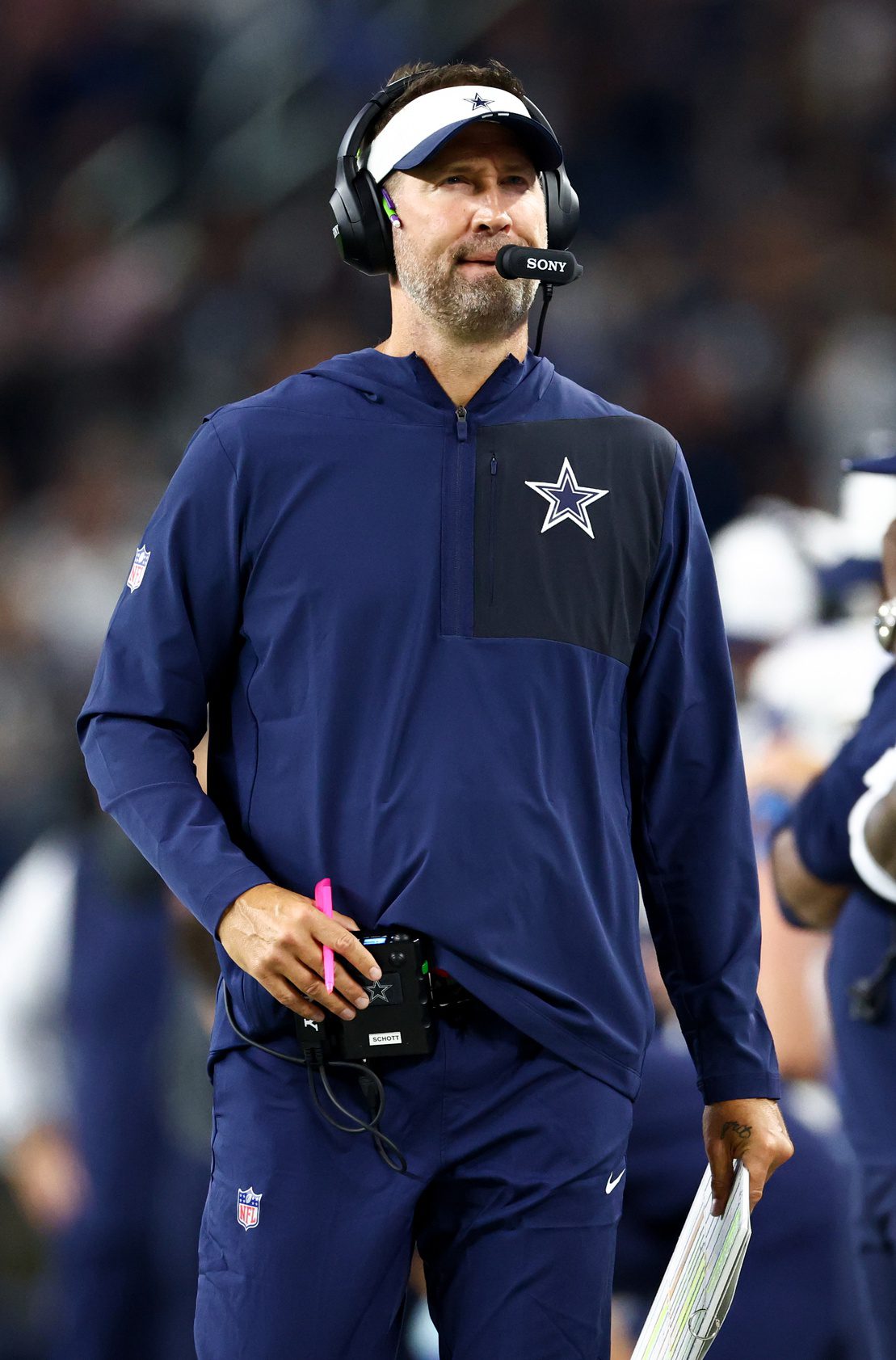 Aug 22, 2025; Arlington, Texas, USA; Dallas Cowboys head coach Brian Schottenheimer during the second half against the Atlanta Falcons at AT&T Stadium. Mandatory Credit: Kevin Jairaj-Imagn Images