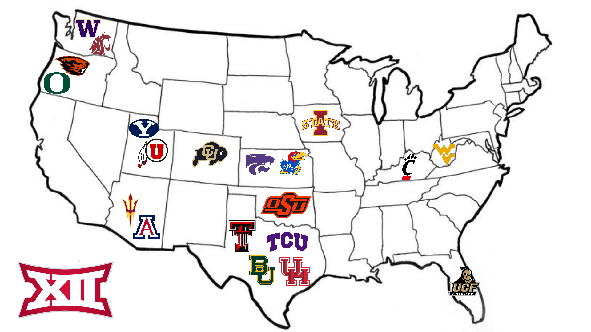 Pac 12 x Big 12 crossover expansion map. Including Oregon, Oregon St., Washington, Washington St., Utah, Arizona St., Arizona, and Colorado.