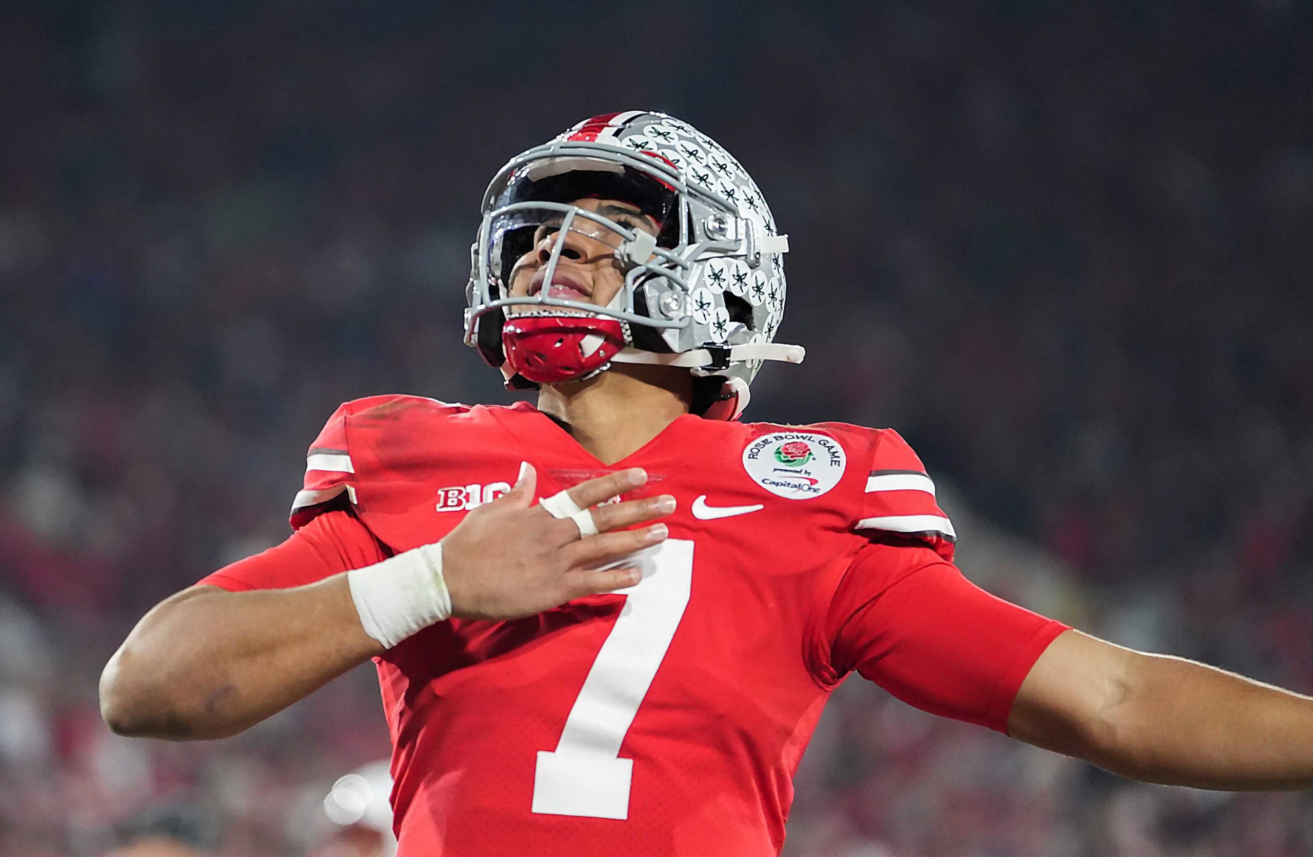 Ohio State Buckeyes quarterback C.J. Stroud celebrates after a touchdown during the 2021 Rose Bowl Game