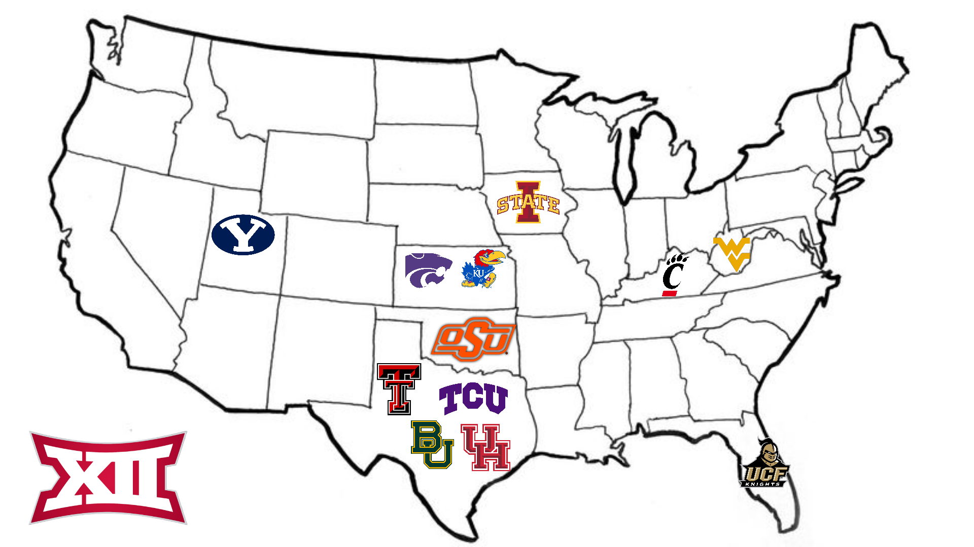 Map of the currently expanded Big 12 heading into 2023/24.