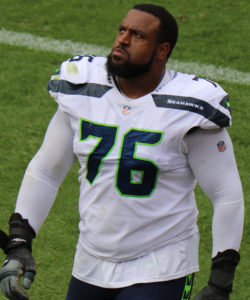 Duane Brown before a Seahawks game in his uniform.
