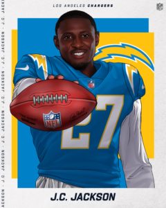 JC Jackson in his new chargers uniform as he looks to show his cornerback 1 skills.