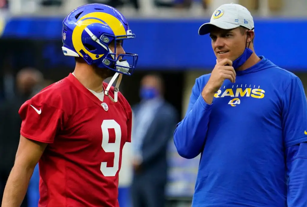 Offensive Coordinator Kevin O'Connell and Quarterback Matthew Stafford with the Los Angeles Rams in 2021