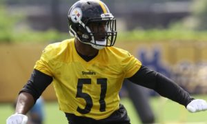 Myles Jack practicing in Steelers uniform after being signed in free agency this year.
