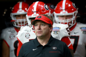 Head Coach Kirby Smart leads his team out onto the field in the Sugar Bowl