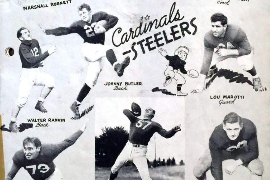 A banner showcasing the players of the Chicago/Pittsburgh Cardinals/Steelers