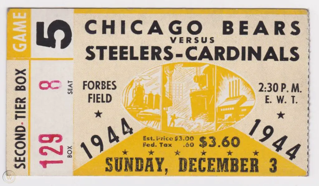 A ticket stub for a game between the Cardinals/Steelers and Chicago Bears