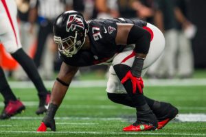 DT Grady Jarrett lines up during a game in 2021