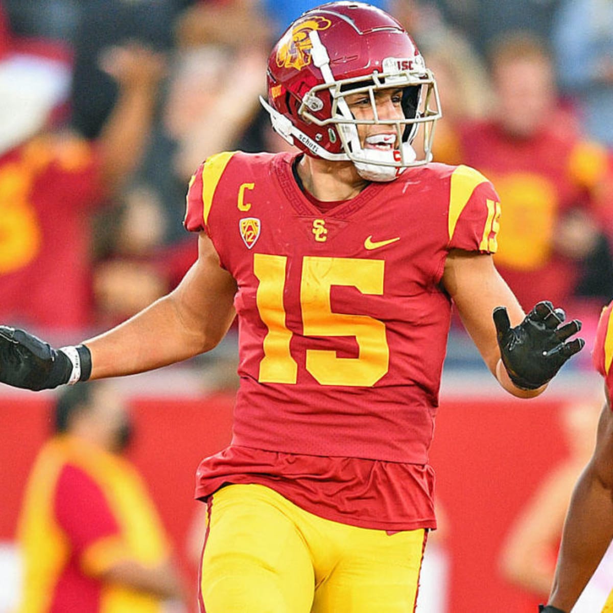 Drake London #15 participates in a game for the USC Trojans