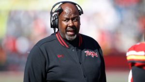 Mike Locksley shouts commands on the Maryland sideline