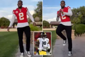 Juju Smith-Schuster posing in Chicago jersey and also an older picture of him in Pittsburgh Steelers jersey during a game.