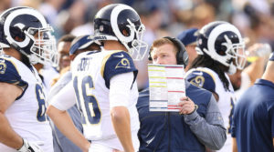 Sean McVay has a sideline discussion with Jared Goff. McVay has regret over how Goff was traded to the Detroit Lions