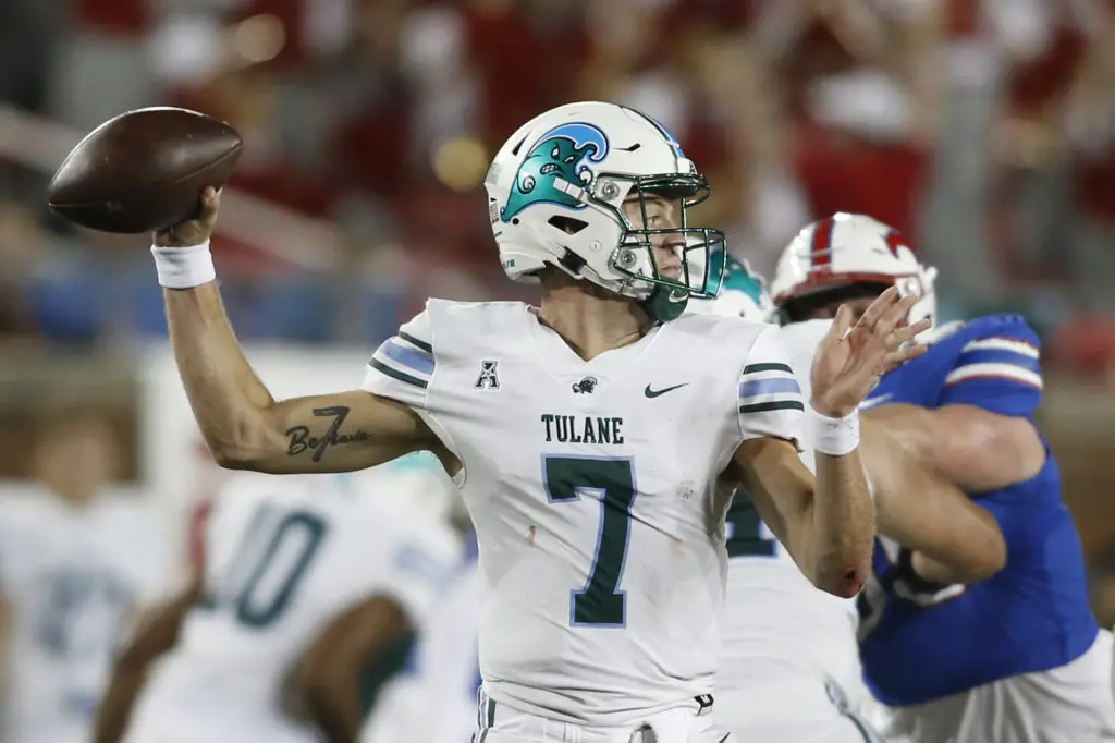 Oct 21, 2021; Dallas, Texas, USA; Tulane Green Wave quarterback Michael Pratt (7) throws a pass in the fourth quarter against the Southern Methodist Mustangs at Gerald J. Ford Stadium. Mandatory Credit: Tim Heitman-USA TODAY Sports