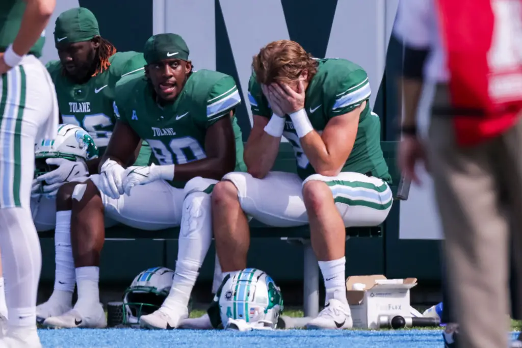 Oct 30, 2021; New Orleans, Louisiana, USA; Tulane Green Wave players react to a play against Cincinnati Bearcats during the second half at Yulman Stadium. Mandatory Credit: Stephen Lew-USA TODAY Sports