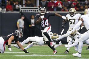 Falcons Running back Cordarrelle Patterson (84) rushes for 120 yards and one touchdown versus the Saints in lost at Mercedes Benz Stadium in Atlanta, GA