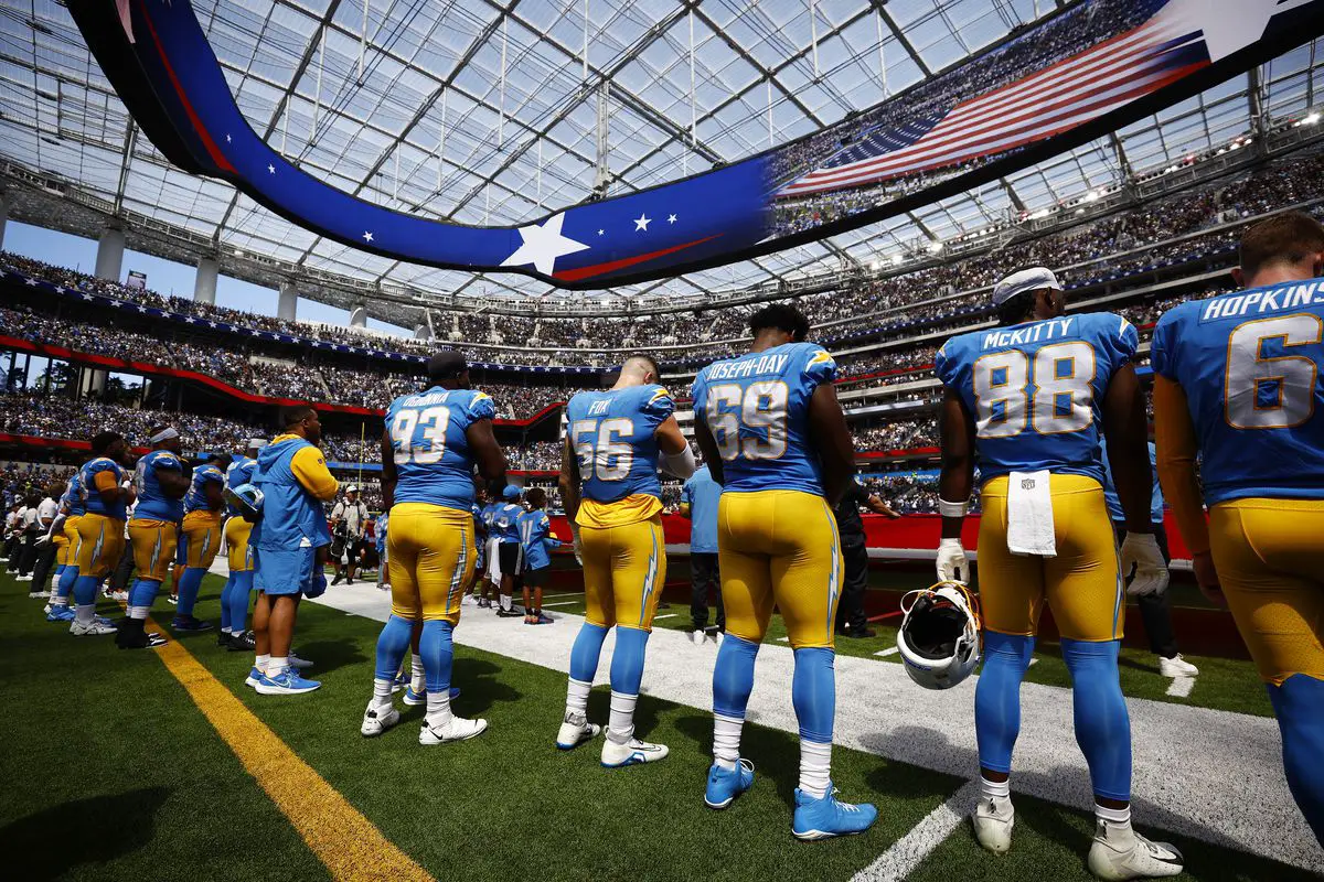 Chargers players during national anthem