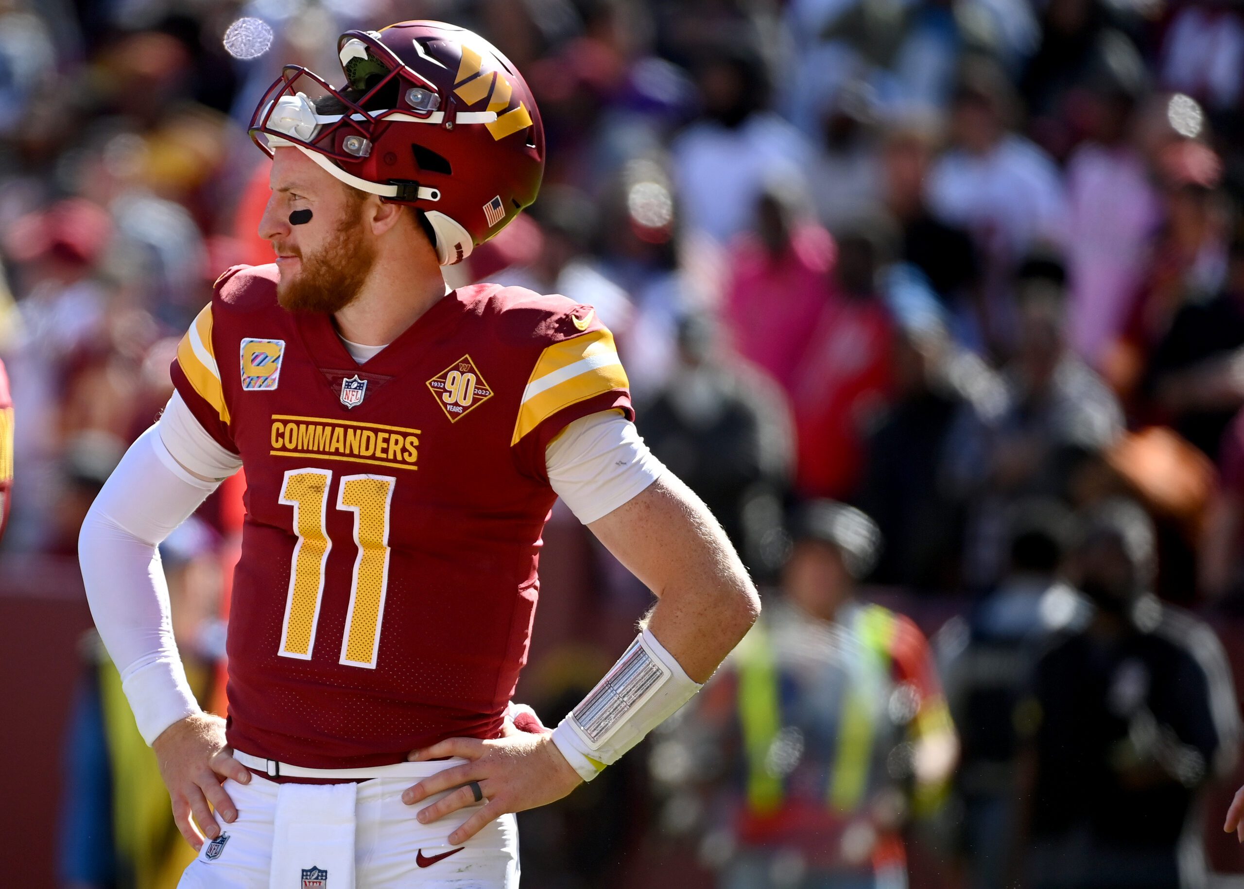 LANDOVER, MD – OCTOBER 9: Washington Commanders quarterback Carson Wentz (11) and the team lose a close one to the Tennessee Titans 21-17 at FedEx Field October 9, 2022. (Photo by Katherine Frey/The Washington Post) (New York Jets)