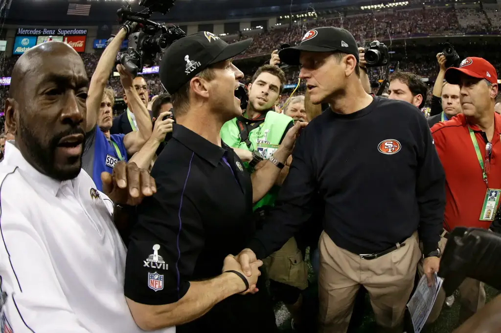 Jim Harbaugh and John Harbaugh post-superbowl