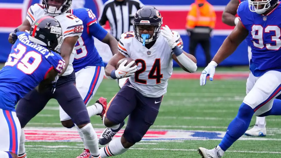 Khalil Herbert rushes for a first against the New York Giants. 