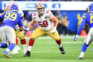 INGLEWOOD, CA - JANUARY 09: San Francisco 49ers Offensive Guard Colton McKivitz (68) blocks during ... [+]ICON SPORTSWIRE VIA GETTY IMAGES
