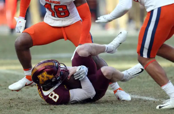 Gophers quarterback Athan Kaliakmanis goes down with an Injury