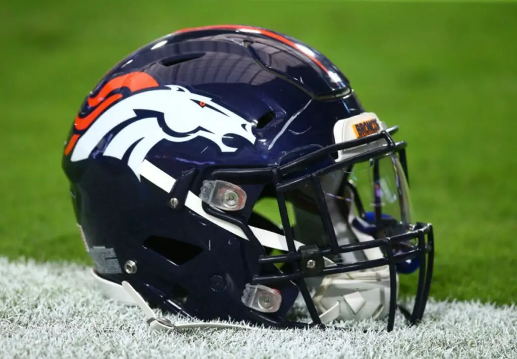 Sep 1, 2016; Glendale, AZ, USA; Detailed view of a Denver Broncos helmet on the field against the Arizona Cardinals during a preseason game at University of Phoenix Stadium. Mandatory Credit: Mark J. Rebilas-USA TODAY Sports