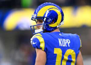 Cooper Kupp, a top fantasy football wide receiver when healthy, looks to the camera at a side view. Los Angeles Rams