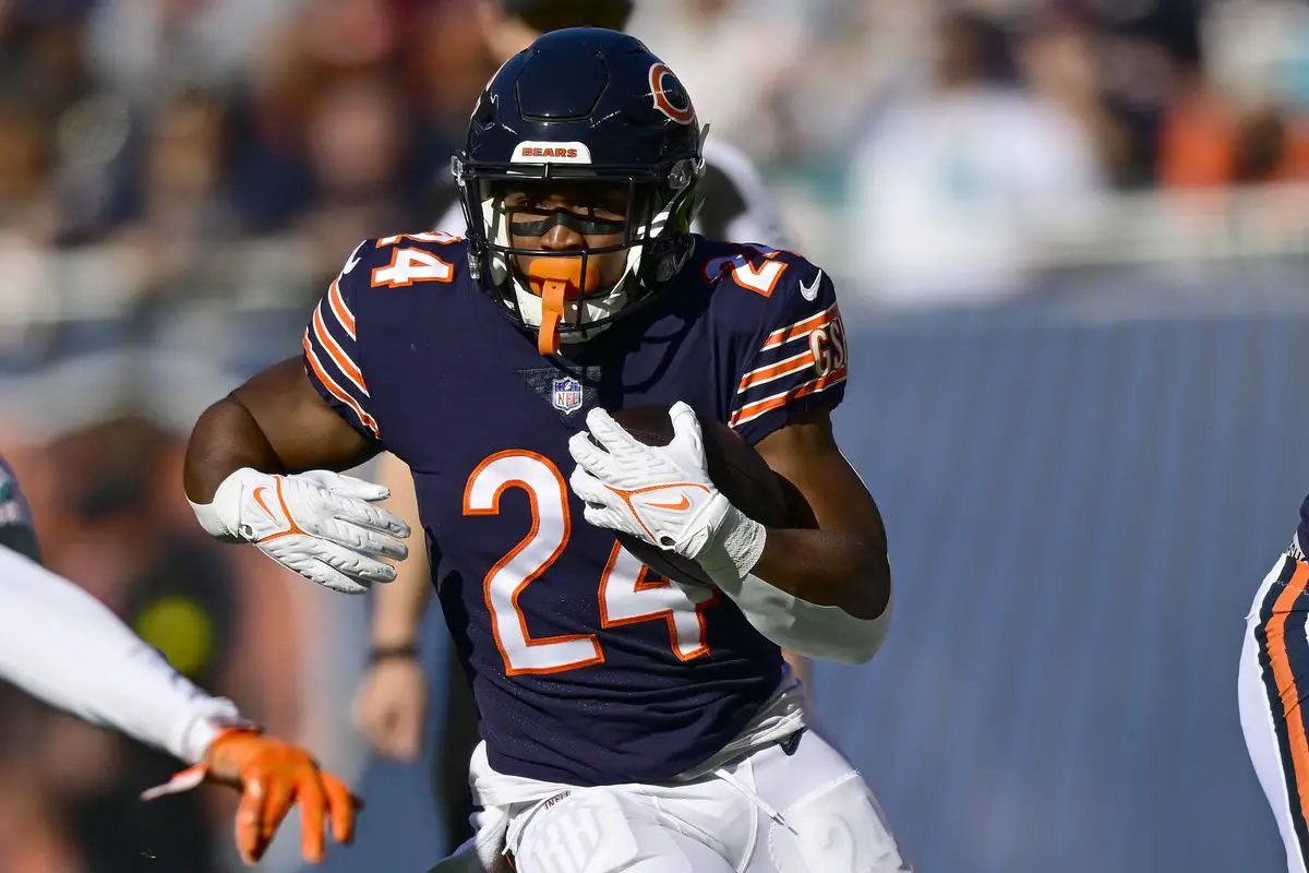 Chicago Bears running back Khalil Herbert was one of the three players designated to return from IR on Monday. Bears Chicago (Photo by Quinn Harris/Getty Images)