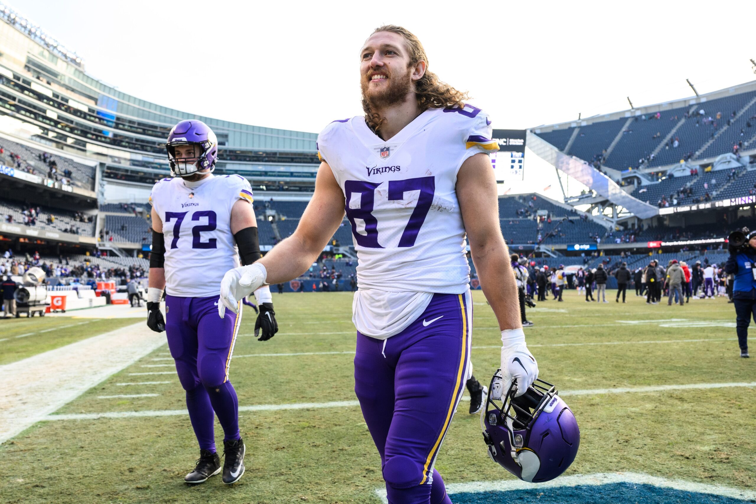 Jan 8, 2023; Chicago, Illinois, USA; Minnesota Vikings tight end T.J. Hockenson (87) walks off the field after the game against the Chicago Bears at Soldier Field. Mandatory Credit: Daniel Bartel-USA TODAY Sports