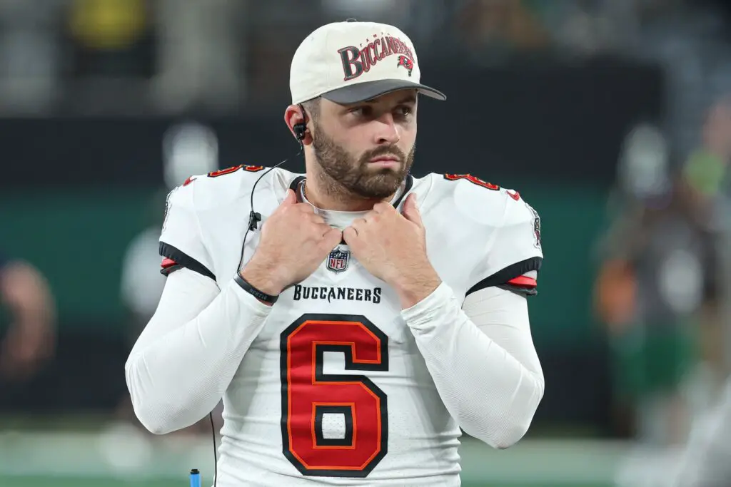 Aug 19, 2023; East Rutherford, New Jersey, USA; Tampa Bay Buccaneers quarterback Baker Mayfield (6) looks on against the New York Jets during the second half at MetLife Stadium. Mandatory Credit: Vincent Carchietta-USA TODAY Sports
