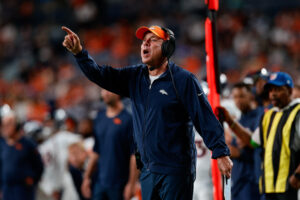 Aug 26, 2023; Denver, Colorado, USA; Denver Broncos head coach Sean Payton gestures in the fourth quarter against the Los Angeles Rams at Empower Field at Mile High. Mandatory Credit: Isaiah J. Downing-USA TODAY Sports